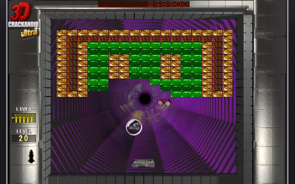 3D Crackanoid Ultra, level 20: green and gold bricks above a violet tunnel — the world of Tunnel Run.