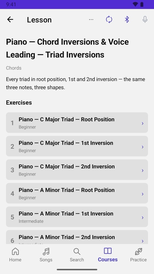 MusicTrainerPro lesson: Piano — Chord Inversions & Voice Leading — Triad Inversions, a list of six exercises.